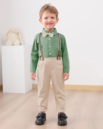 YALLET Boy Clothes Suit, Formal Dress Shirt With Bowtie+Suspender Pants Big Kid Gentleman Wedding Outfits(Light Green, 7-8 Years) - Image 2