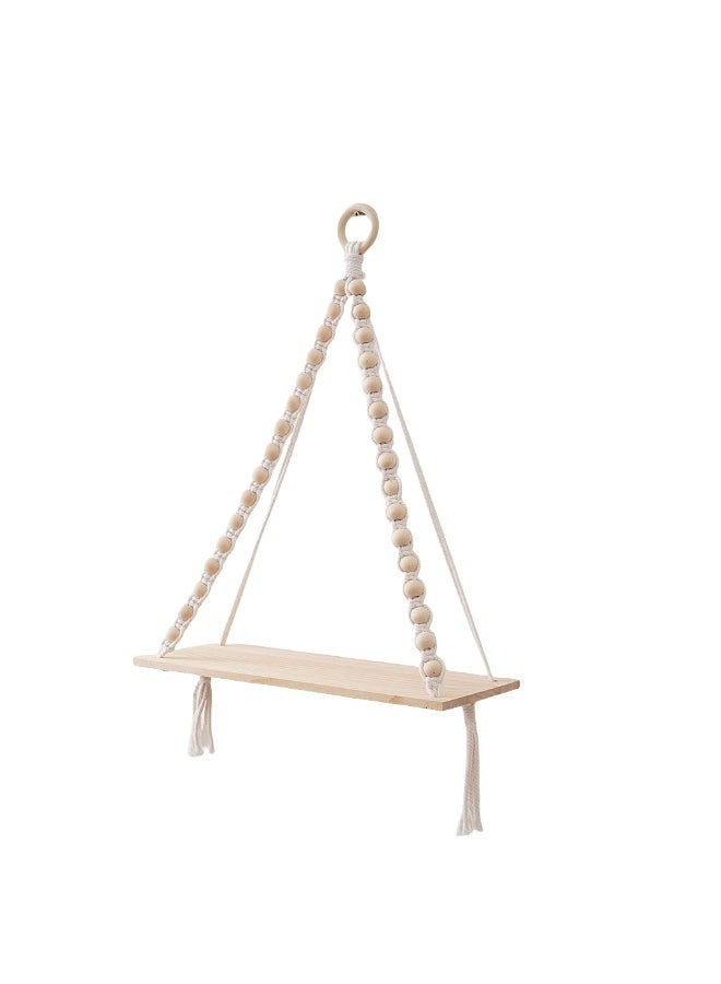 Wood Bead Minimalist Woven Tapestry Storage Rack, Cotton Rope Wall-Mounted Shelf, Decorative Display for Hotels, Living Rooms, Bedrooms, and Guesthouses.