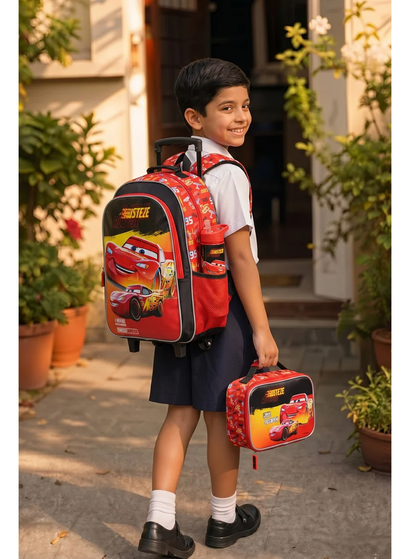 ديزني Disney Cars Premium 5-in-1 Kids Trolley School Set 18" | Rolling Backpack, Lunch Bag, Lunch Box, Water Bottle & Pencil Case | Boys School Bag