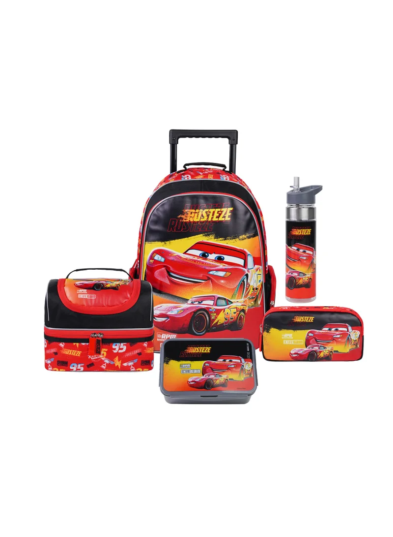 ديزني Disney Cars Premium 5-in-1 Kids Trolley School Set 18" | Rolling Backpack, Lunch Bag, Lunch Box, Water Bottle & Pencil Case | Boys School Bag