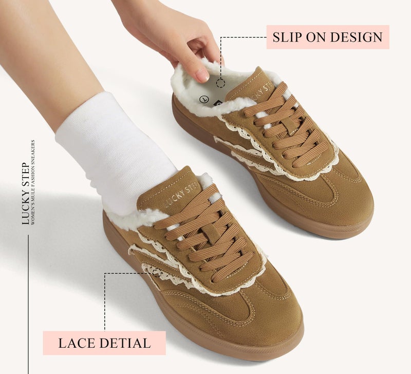 LUCKY STEP Womenâ€™s Mule Fashion Sneakers Slip On Backless Walking Shoes Winter Retro Comfy Casual Sneaker(8 M US Brown) - Image 4