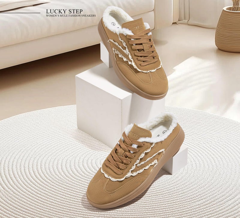 LUCKY STEP Womenâ€™s Mule Fashion Sneakers Slip On Backless Walking Shoes Winter Retro Comfy Casual Sneaker(8 M US Brown) - Image 3