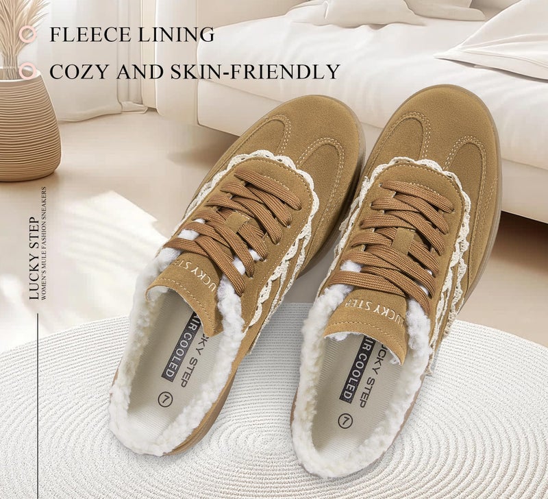 LUCKY STEP Womenâ€™s Mule Fashion Sneakers Slip On Backless Walking Shoes Winter Retro Comfy Casual Sneaker(8 M US Brown) - Image 2
