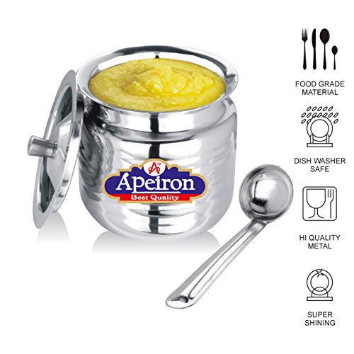Apeiron Stainless Steel Ghee/Oil Pot with Spoon and Lid - 300 ml (Pack of 1, Liner) - Image 3