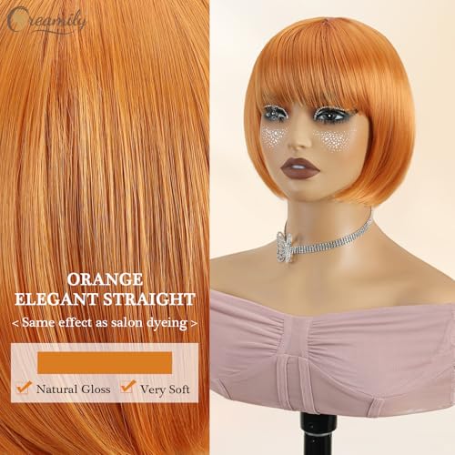 Creamily Short Straight Hair Wig for Woman Full Head,Bob Cut Wigs for Women,Ladies Wigs Natural Hair Full Head with Bangs for Daily Party (Orange, 10 Inches) - Image 4