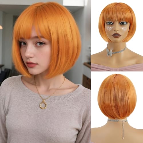 Creamily Short Straight Hair Wig for Woman Full Head,Bob Cut Wigs for Women,Ladies Wigs Natural Hair Full Head with Bangs for Daily Party (Orange, 10 Inches) - Image 1