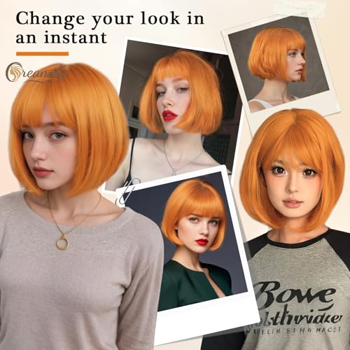 Creamily Short Straight Hair Wig for Woman Full Head,Bob Cut Wigs for Women,Ladies Wigs Natural Hair Full Head with Bangs for Daily Party (Orange, 10 Inches) - Image 3