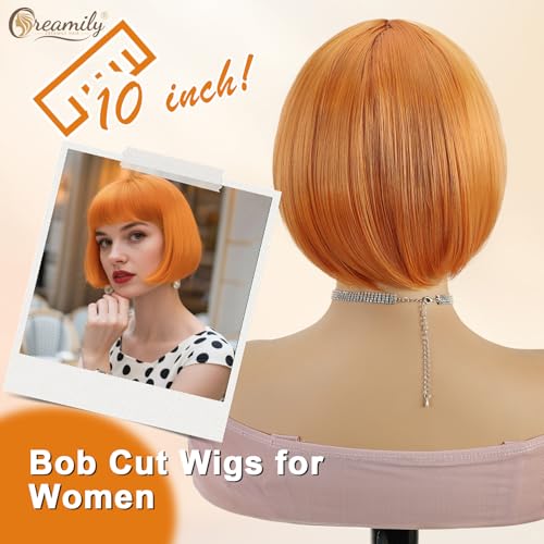 Creamily Short Straight Hair Wig for Woman Full Head,Bob Cut Wigs for Women,Ladies Wigs Natural Hair Full Head with Bangs for Daily Party (Orange, 10 Inches) - Image 5
