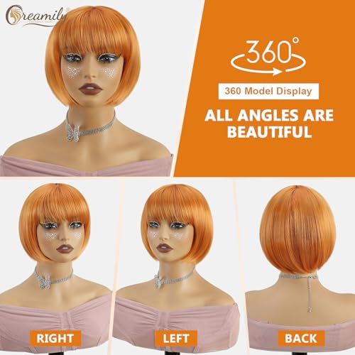 Creamily Short Straight Hair Wig for Woman Full Head,Bob Cut Wigs for Women,Ladies Wigs Natural Hair Full Head with Bangs for Daily Party (Orange, 10 Inches) - Image 2