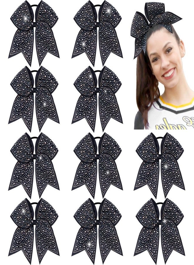 CN 10PCS Rhinestones Cheer Bows for Cheerleaders, Black Glitter Hair Bows for Girls Large Elastic Ponytail Holder, Hair Accessories for Women Teens for Softball Competition School Spirit - Image 1