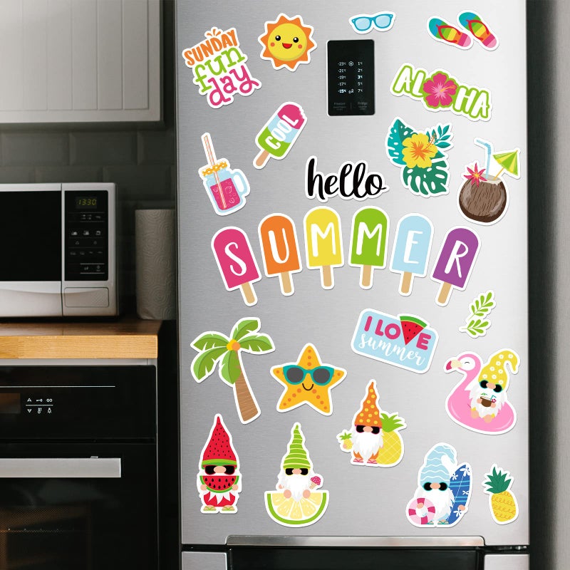 Whaline 27Pcs Hello Summer Refrigerator Magnets Tropical Leaves Ice lolly Fruits Gnome Pattern Magnetic Stickers Hawaii Decorative Garage Magnet for Fridge Car Metal Door Mailbox Office Cabinets Decor