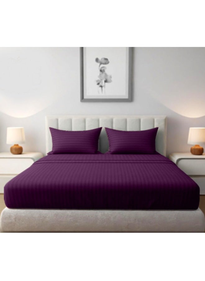 snooze - Snooze Striped Fitted Bed Sheet set 3pcs, Bed sheet+2 Free Pillowcases, Purple - Image 1