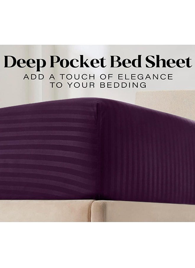 snooze - Snooze Striped Fitted Bed Sheet set 3pcs, Bed sheet+2 Free Pillowcases, Purple - Image 1