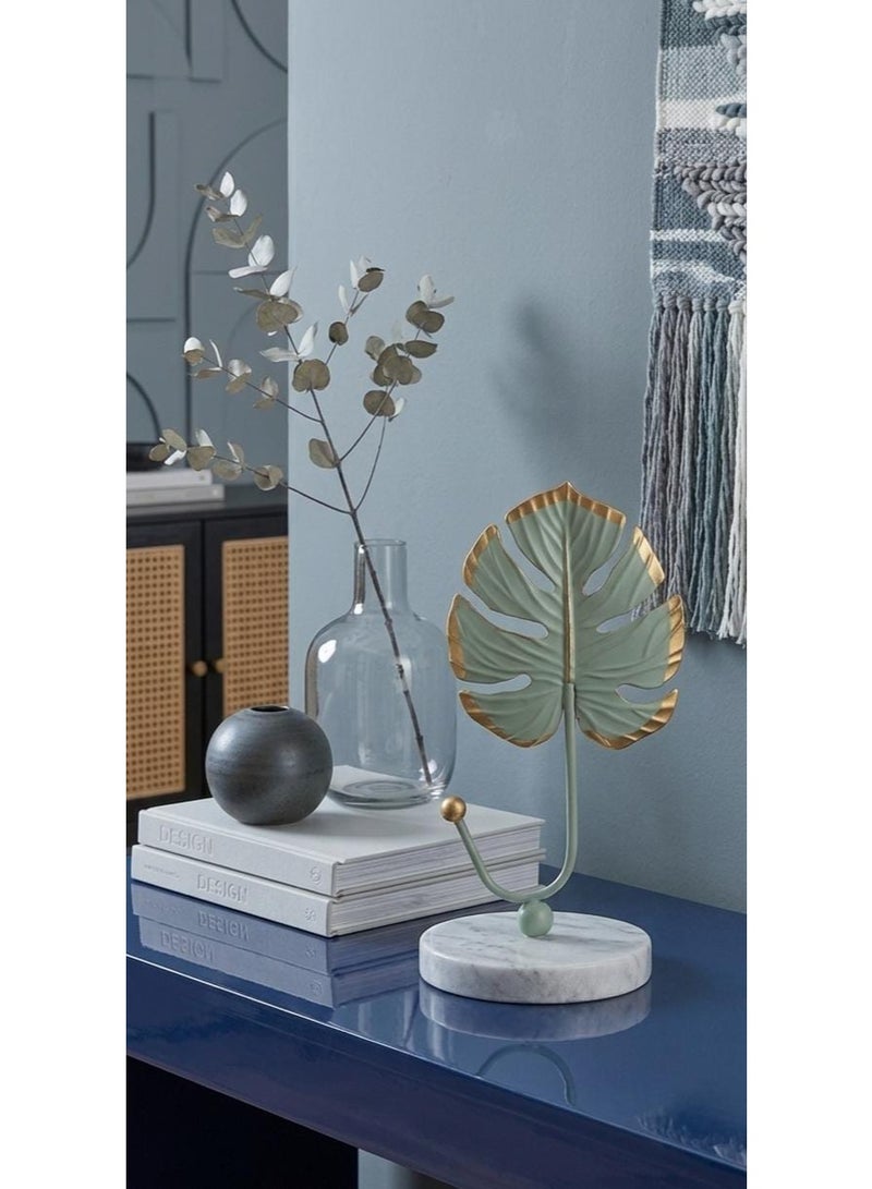 Metal jewelry and key holder with a monstera leaf design - pastel green with gold trim and a round marble base - modern table decoration - Image 2