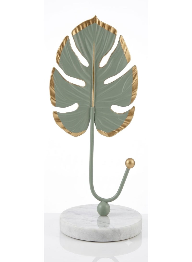 Metal jewelry and key holder with a monstera leaf design - pastel green with gold trim and a round marble base - modern table decoration - Image 4