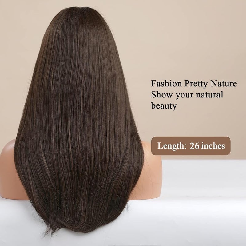 اي سي اي اف باروكة شعر مستعار بني رمادي من ECIF للنساء، باروكة شعر مستعار طويل مستقيم مع غرة ستائرية، باروكة شعر مستعار صناعي طبيعي للاستخدام اليومي - Image 5