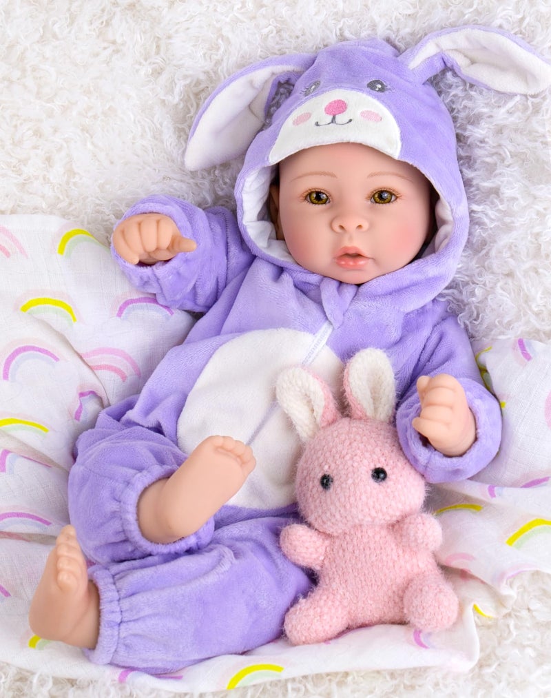 Aori Real Baby Dolls - 17 Inch Realistic Baby Doll with Soft Body & Purple Bunny Outfits for Girls 3+ Pretend Play, Dress Up, Nursery Decor - Image 1