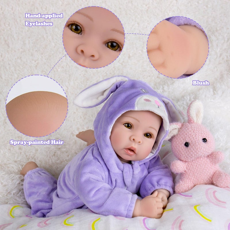 Aori Real Baby Dolls - 17 Inch Realistic Baby Doll with Soft Body & Purple Bunny Outfits for Girls 3+ Pretend Play, Dress Up, Nursery Decor - Image 5
