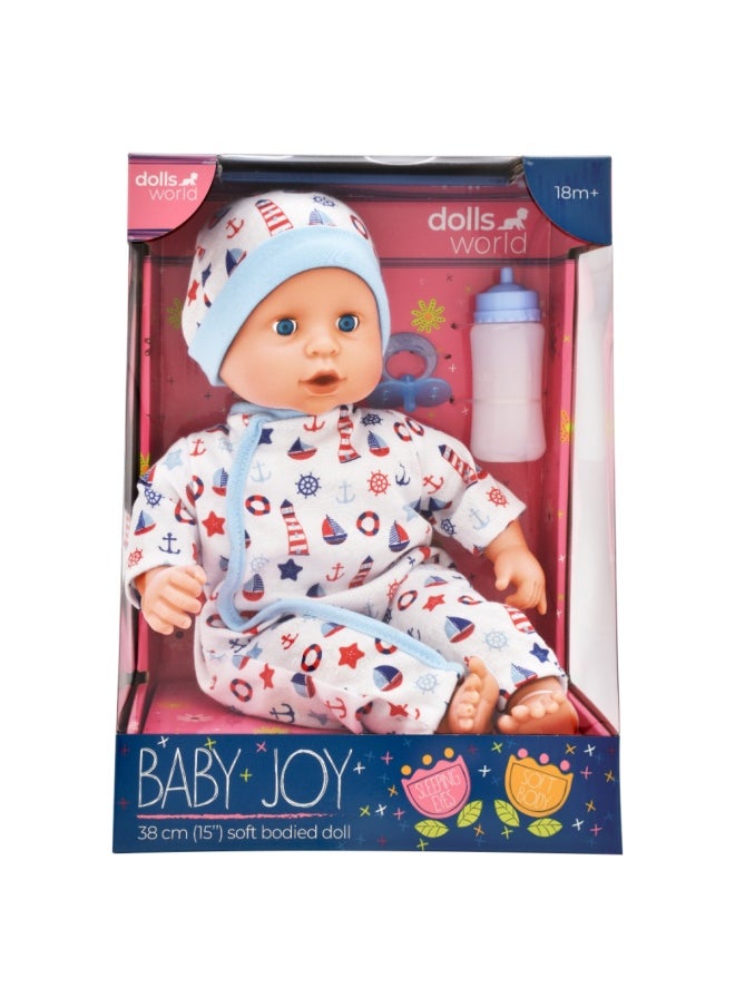 dolls world Baby Joy 15 inch Baby Doll With Sleeping Eyes Bottle & Dummy from Peterkin gift for kids of Age above 18 months  - Image 1