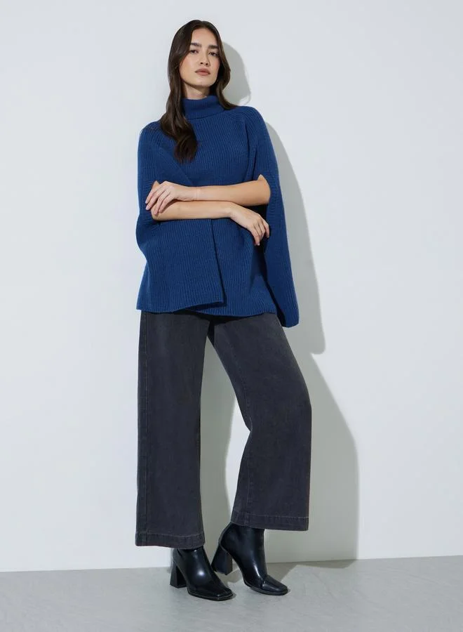 ستايلي Navy Blue Knit Turtleneck Cape Sleeve Sweater