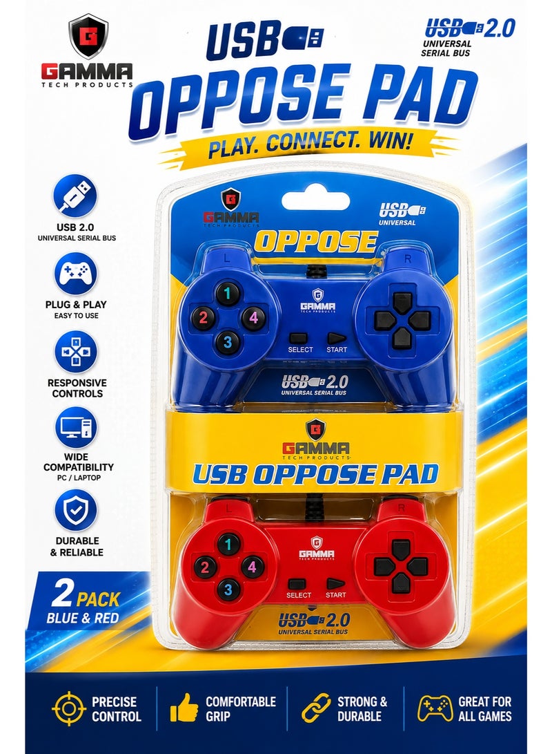 Gamma GT-204 Dual USB Wired Gaming Controller Set for PC and Laptop, 2 Player Gamepads with Single Cable, Dual Shock Vibration, Analog and Digital Modes, Turbo Function, 12 Button USB Controllers for Retro Games, Arcade, Racing and Sports Games, Multicolor - Image 2