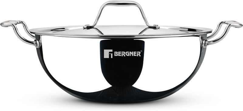 Bergner Argent 34cm (9.1L) Tri-Ply Stainless Steel Deep Stir-Fry Pan, Multipurpose Curry Pan with Lid, Less Oil Use Healthy Cooking, Food Safe, Stay-Cool Handles, Induction & Gas Stove Compatible - Image 2