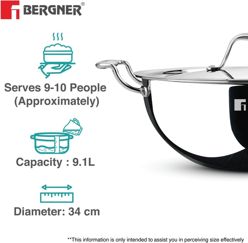 Bergner Argent 34cm (9.1L) Tri-Ply Stainless Steel Deep Stir-Fry Pan, Multipurpose Curry Pan with Lid, Less Oil Use Healthy Cooking, Food Safe, Stay-Cool Handles, Induction & Gas Stove Compatible - Image 4