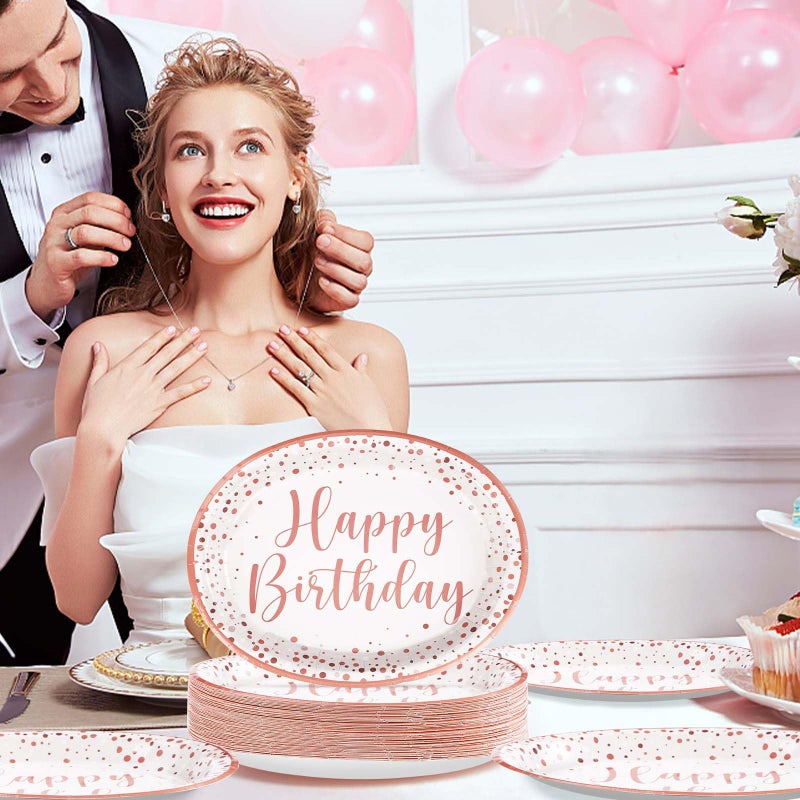Grencian 50Pcs Pink Rose Gold Birthday Plates 10"" x 12.5"" Oval Paper Plates Disposable 400GSM Happy Birthday Oval Plates Pink Dots Birthday Plates for Girls Women Rose Gold Pink Birthday Party Decorations - Image 5