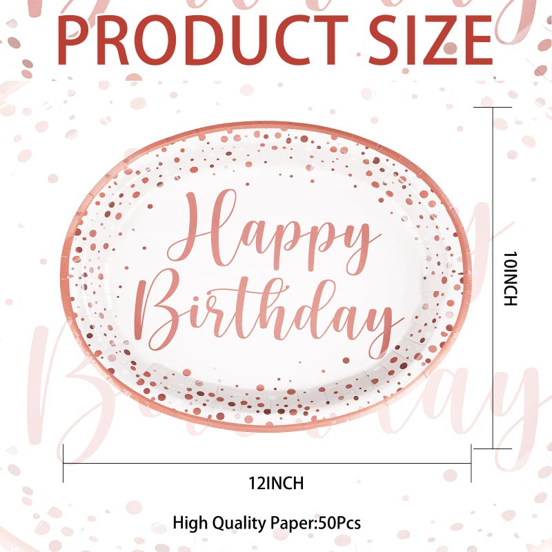 Grencian 50Pcs Pink Rose Gold Birthday Plates 10"" x 12.5"" Oval Paper Plates Disposable 400GSM Happy Birthday Oval Plates Pink Dots Birthday Plates for Girls Women Rose Gold Pink Birthday Party Decorations - Image 2