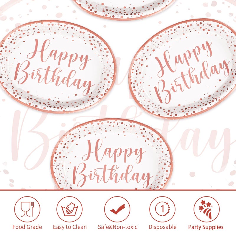 Grencian 50Pcs Pink Rose Gold Birthday Plates 10"" x 12.5"" Oval Paper Plates Disposable 400GSM Happy Birthday Oval Plates Pink Dots Birthday Plates for Girls Women Rose Gold Pink Birthday Party Decorations - Image 3