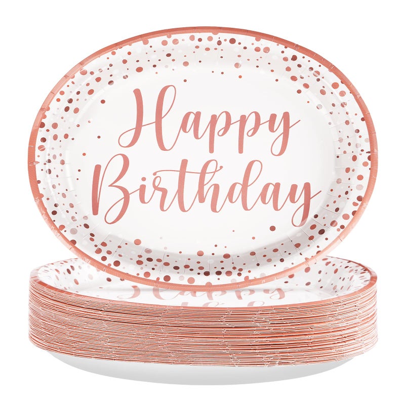 Grencian 50Pcs Pink Rose Gold Birthday Plates 10"" x 12.5"" Oval Paper Plates Disposable 400GSM Happy Birthday Oval Plates Pink Dots Birthday Plates for Girls Women Rose Gold Pink Birthday Party Decorations - Image 1