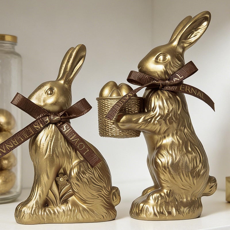 DN DECONATION Golden Easter Bunny Figurines Set of 2 with â€œEaster Loveâ€ Ribbon Bow, Gilded Resin Rabbit Statue & Egg Basket, Luxury Home Decor Centerpiece for Easter Table Party Gift - Image 1