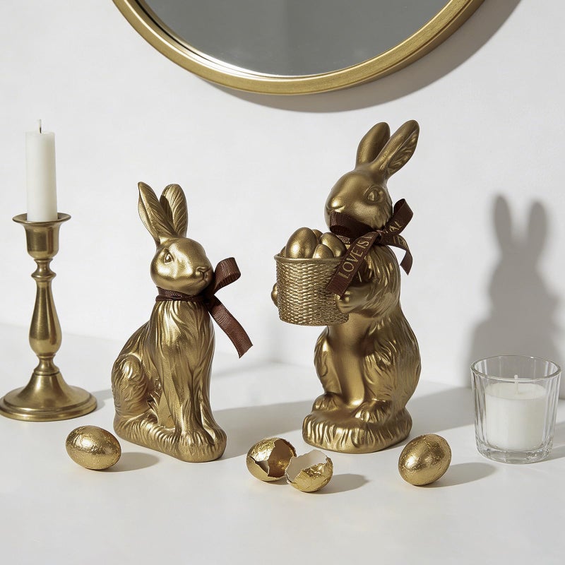 DN DECONATION Golden Easter Bunny Figurines Set of 2 with â€œEaster Loveâ€ Ribbon Bow, Gilded Resin Rabbit Statue & Egg Basket, Luxury Home Decor Centerpiece for Easter Table Party Gift - Image 4