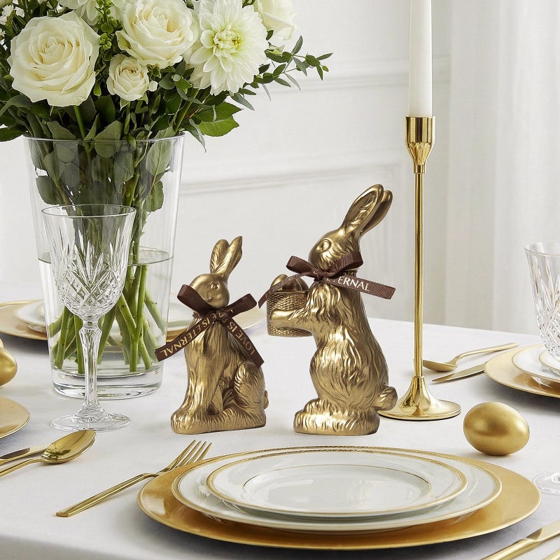 DN DECONATION Golden Easter Bunny Figurines Set of 2 with â€œEaster Loveâ€ Ribbon Bow, Gilded Resin Rabbit Statue & Egg Basket, Luxury Home Decor Centerpiece for Easter Table Party Gift - Image 2