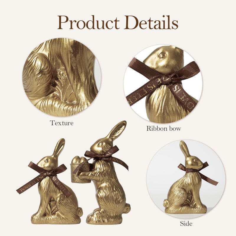 DN DECONATION Golden Easter Bunny Figurines Set of 2 with â€œEaster Loveâ€ Ribbon Bow, Gilded Resin Rabbit Statue & Egg Basket, Luxury Home Decor Centerpiece for Easter Table Party Gift - Image 5