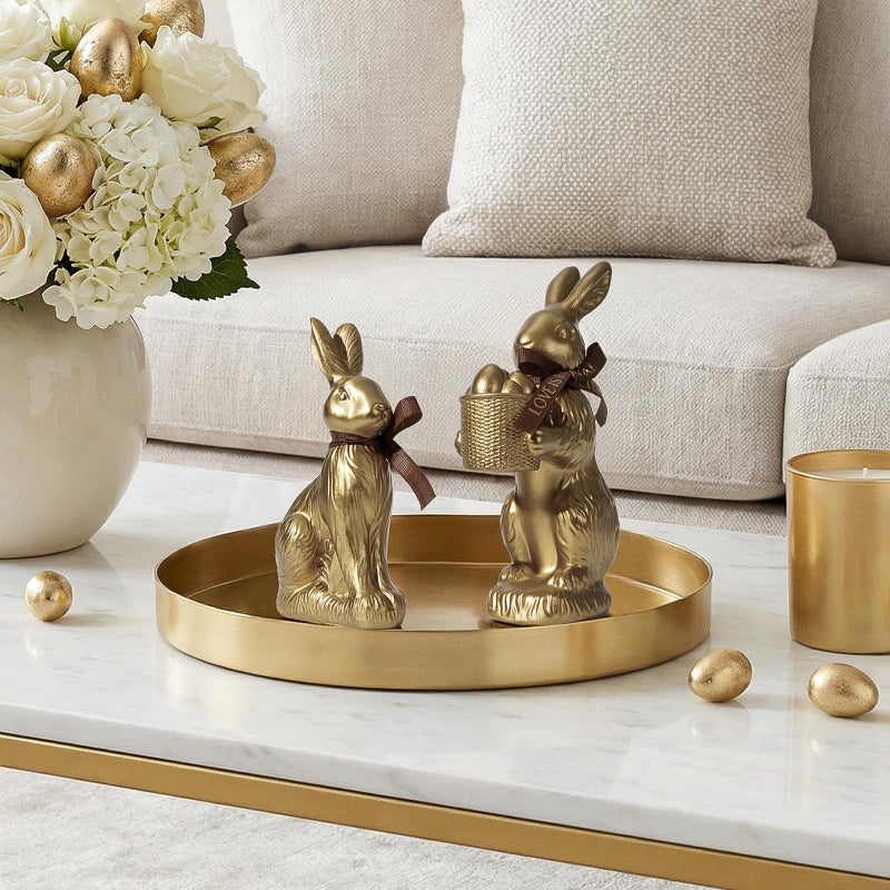 DN DECONATION Golden Easter Bunny Figurines Set of 2 with â€œEaster Loveâ€ Ribbon Bow, Gilded Resin Rabbit Statue & Egg Basket, Luxury Home Decor Centerpiece for Easter Table Party Gift - Image 3