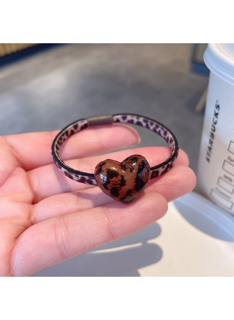 Loquat Chic Leopard Heart Pearl Hair Tie Womens Versatile Ponytail Holder Love style-leopard print hair rope