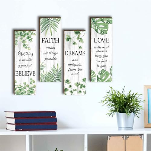 HIWERAN 4 Pcs Modern Eucalyptus Green Leaves Wooden Office Wall Decor, Inspirational Saying with Love Faith Believe Dream Wood Sign, Hanging Motivational Wall Plaques for Office Living Room Bathroom Bedroom-36 - Image 3