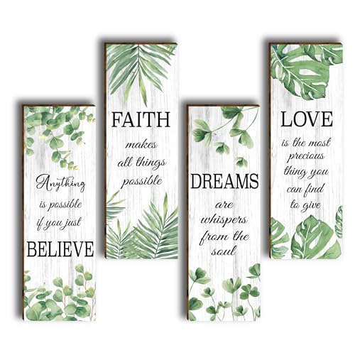 HIWERAN 4 Pcs Modern Eucalyptus Green Leaves Wooden Office Wall Decor, Inspirational Saying with Love Faith Believe Dream Wood Sign, Hanging Motivational Wall Plaques for Office Living Room Bathroom Bedroom-36 - Image 1