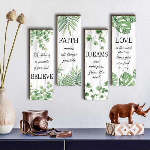 HIWERAN 4 Pcs Modern Eucalyptus Green Leaves Wooden Office Wall Decor, Inspirational Saying with Love Faith Believe Dream Wood Sign, Hanging Motivational Wall Plaques for Office Living Room Bathroom Bedroom-36 - Image 4