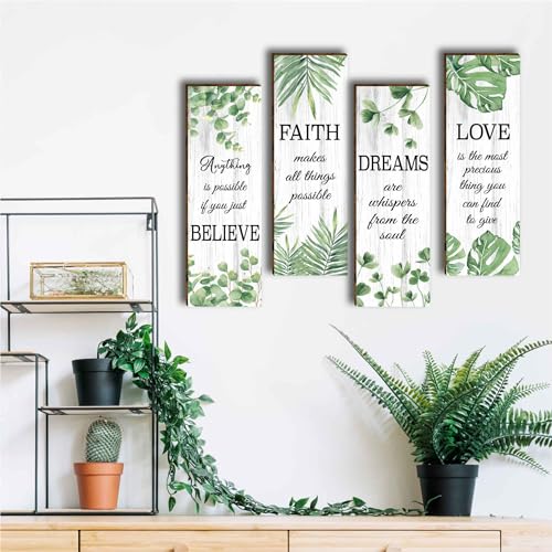 HIWERAN 4 Pcs Modern Eucalyptus Green Leaves Wooden Office Wall Decor, Inspirational Saying with Love Faith Believe Dream Wood Sign, Hanging Motivational Wall Plaques for Office Living Room Bathroom Bedroom-36 - Image 5