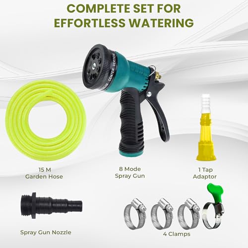 ROOTS & LEAF Roots and Leaf 15M 0.5 Inch Braided PVC Garden Hose Pipe with 8 Pattern Spray Gun with 4 Clamps and tap Adaptor - Yellow | Heavy Duty Water Pipe for Garden, Car Washing, Garden Pipe for Home - Image 2