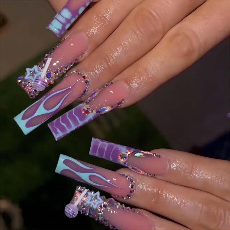 QQPPOLIU Press on Nails Long Square Purple Fake Nails with Design Full Cover Nails (Purple) - Image 1