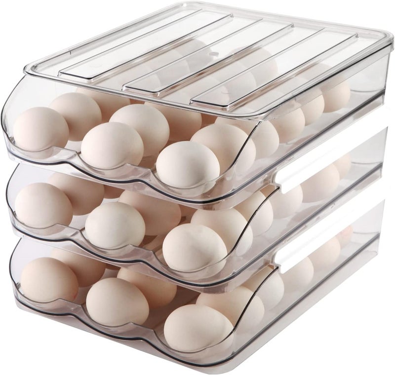 MesRosa Egg Holder for Fridge,Automatically Rolling Egg Storage Container for Refrigerator,Egg Organizer for Fridge with Lid,Clear Plastic Dispenser, Tray & Box -3 Layer - Image 1