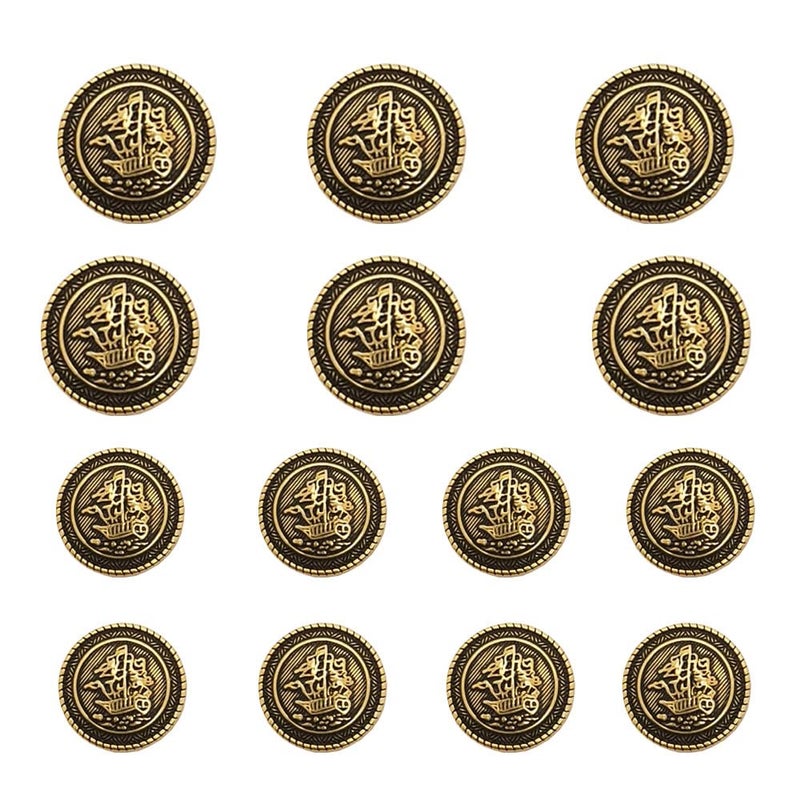 MebuZip 14 Pieces Old Gold Button Vintage Antique Metal Buttons Set 18mm 23mm for Blazers, Suits, Sport Coats, Uniform, Jackets (MBM32) - Image 1