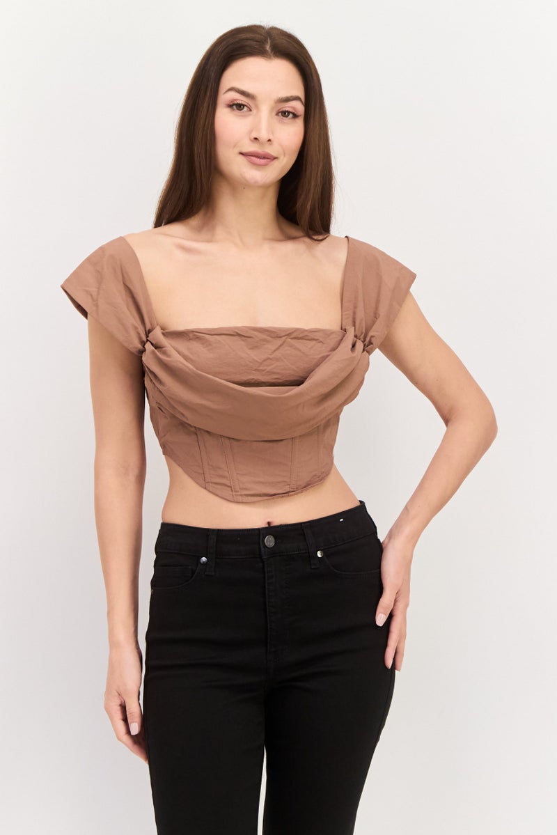 Missguided Women Off Shoulder Neck Short Sleeve Ruched Crop Top, Brown - Image 1