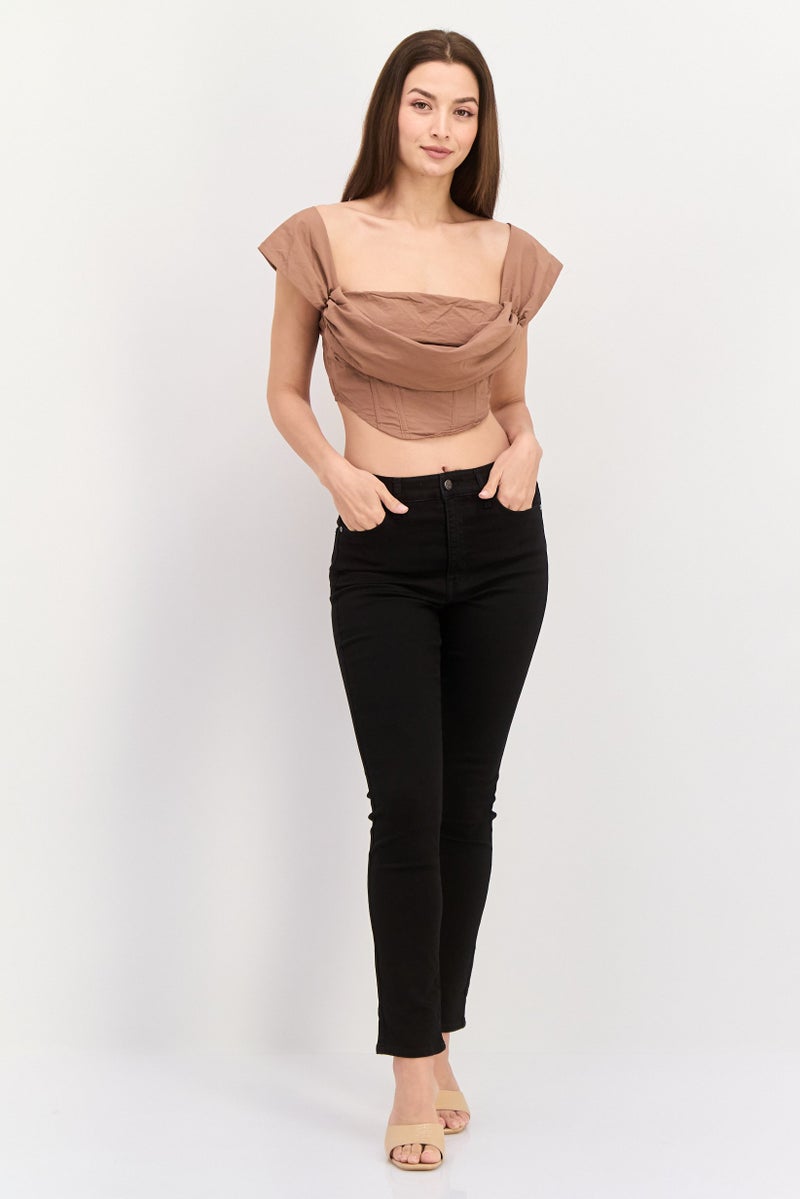 Missguided Women Off Shoulder Neck Short Sleeve Ruched Crop Top, Brown - Image 3