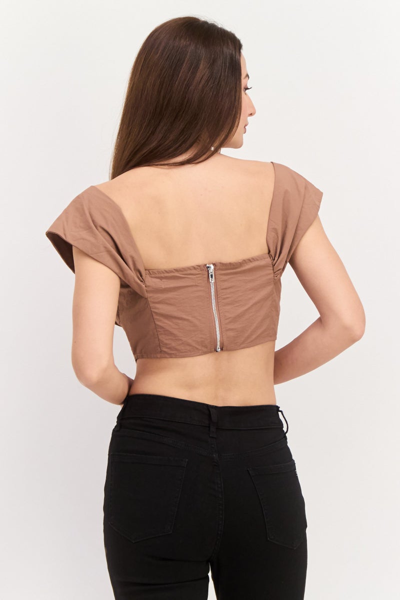 Missguided Women Off Shoulder Neck Short Sleeve Ruched Crop Top, Brown - Image 2