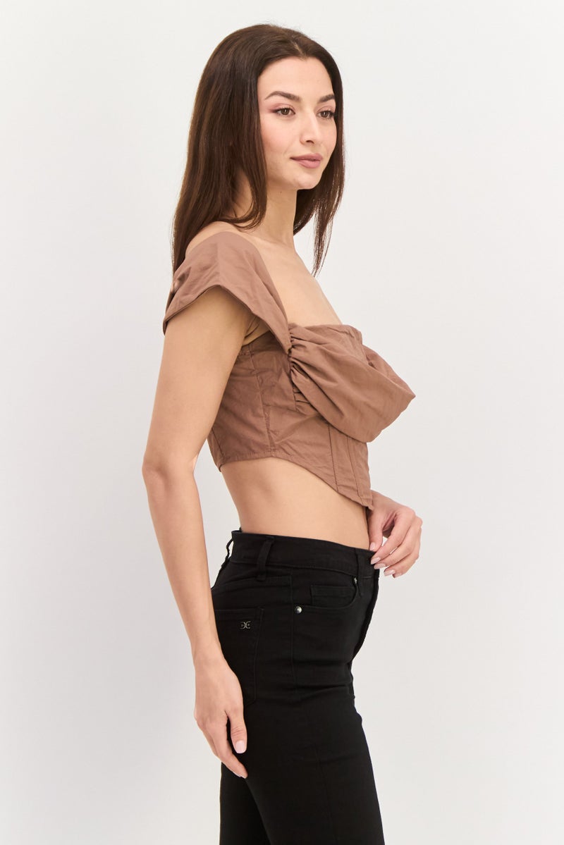 Missguided Women Off Shoulder Neck Short Sleeve Ruched Crop Top, Brown - Image 2