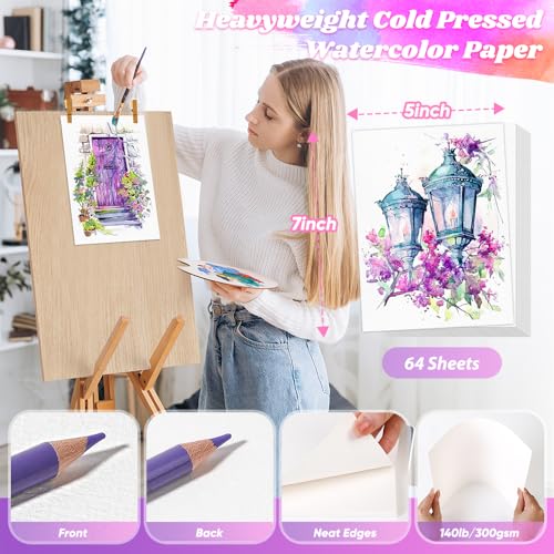Donyang 64 Sheets Watercolor Paper, 5"x7" Water Color Paper, 140lb/300gsm Artist Sketch Easel Acrylic Painting Loose Drawing Paper Bulk, Art Supplies for Kids Child Adults, Watercolors, Watercolor Paint Set - Image 2